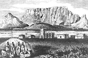 Xhosa chiefs imprisoned at Robben Island in the 19th century. (Wangermann engraving from 1868 in the South African Library/Robben Island Museum)