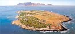 Robben Island. In the background, Cape Town, Table Mountain, and the Cape Peninsula.