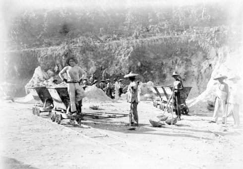 Chinese migrant workers, otherwise known as 'coolies', at one of the phosphate mines on Christmas Island. Photograph taken in 1911. (National Archives of Australia, R32 CIPC 3/54B)